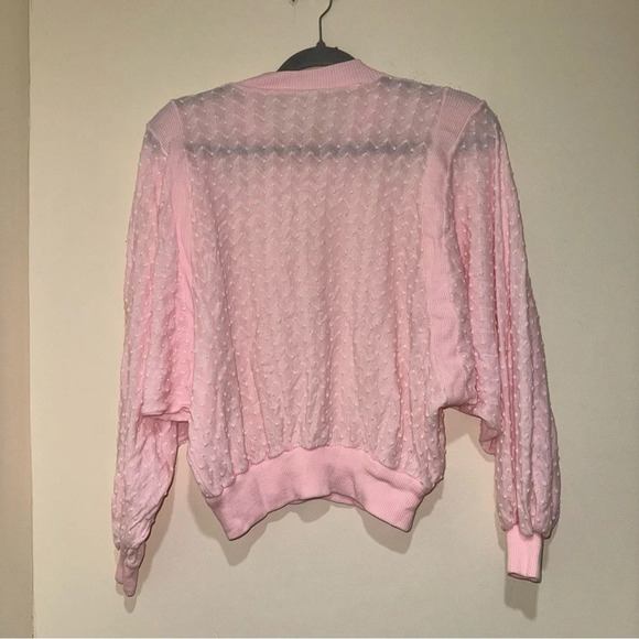 Women’s Vintage Retro Coquette  Singe Stitch Pink Eyelet Long Sleeve Sheer Top - Picture 9 of 14
